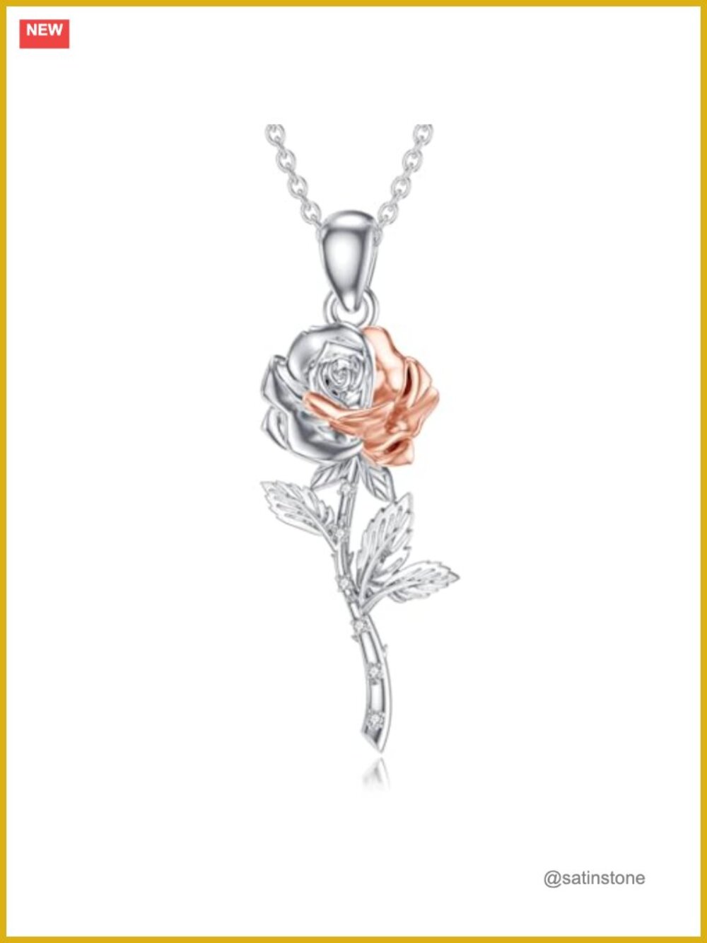925 Sterling Silver Diamond Rose Flower Pendant Necklace